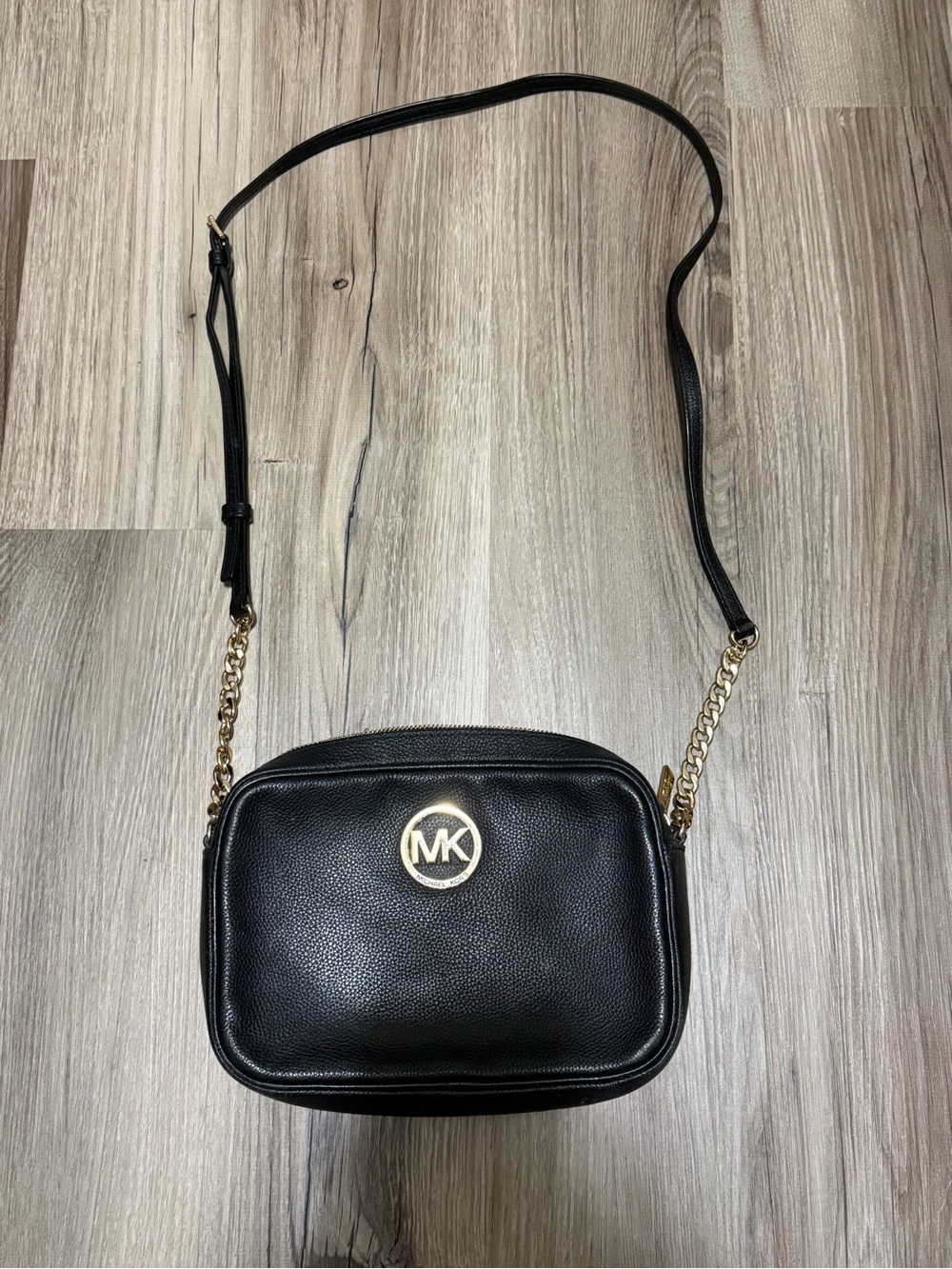 Michael Kors Black Pebbled Leather Crossbody with Gold Chain